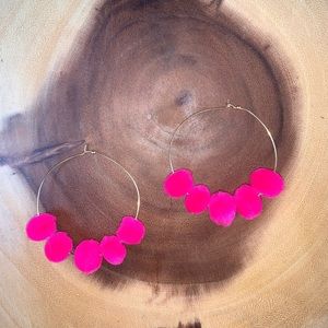 NWT Handmade Pink Pom Pom Gold Hoop Earrings